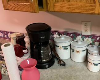 Magnolia canisters, coffee maker