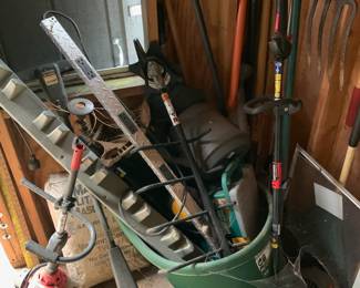 String trimmer; outdoor tools; yard tools; brooms; pitch fork
