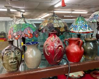 STAINED GLASS LAMPS, POTTERY