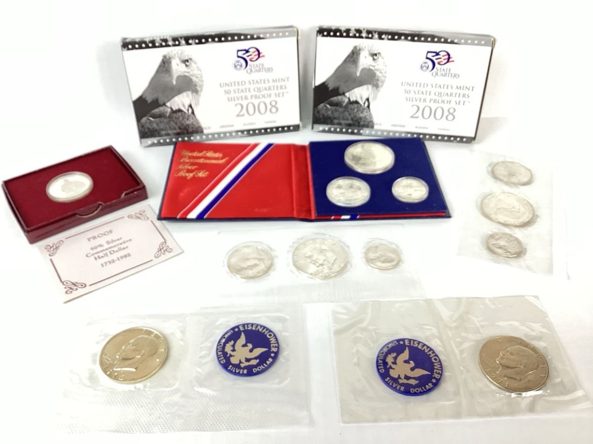 SHBR929 Uncirculated US Mint Silver Coins 1- 90% proof commemorative half dollar 1732 - 1982. 2 boxed sets 2008 90% proof sets.