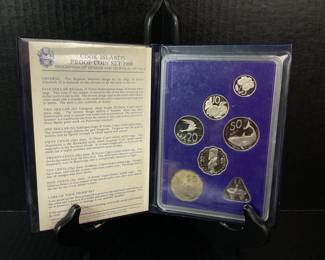 SHBR101 1988 Minted Cook Islands Proof Coin Set This is a Cook Islands proof coin set booklet, minted in 1988. It features 7 minted Cook Islands coins of different denominations
