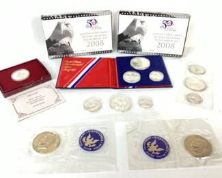 SHBR929 Uncirculated US Mint Silver Coins 1- 90% proof commemorative half dollar 1732 - 1982. &nbsp;2 boxed sets 2008 90% proof sets.&nbsp;

