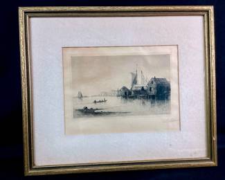 MACH962 Antique Signed Lemuel D. Eldred Etching Framed and matted etching signed by Lemuel D. Eldred, 1900.
