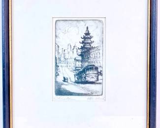 MACH953 Signed Harriet Roudebush Print Framed and matted "Chinatown" San Francisco, California, by Harriet Roudebush (1908-1998), pencil etching.
