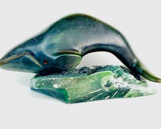 SHBR701 Vintage Intuit Hand Carved Stone Whale 1978 stone whale carving signed by artist&nbsp;
