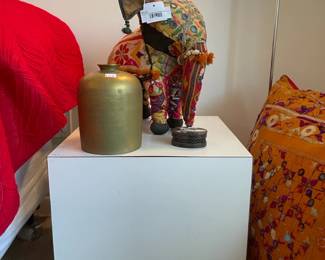 Indian Embroidered Stuffed Elephant, Brass Vase, Laminate Cube Side Table