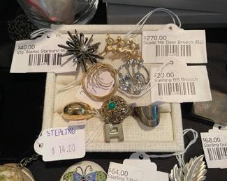 Sterling jewelry, 14k jewelry, Atomic Starburst brooch, Scalle 14k deer brooch, Sterling BB brooch