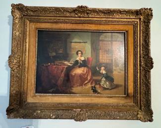 Late 1800's oil painting on wood or a school teacher and student.  Original condition, from an estate in Georgia.