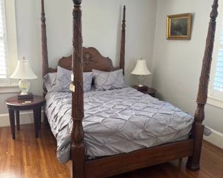 Queen size 4 poster bed.  Dynasty mattress and bedding sold separately,  round side tables.
