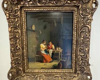 Antique Oil painting call The Scullery.  Nice period frame.