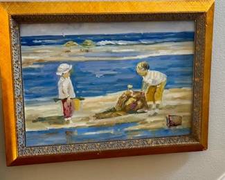 Beautiful beach scene oil painting in gold frame