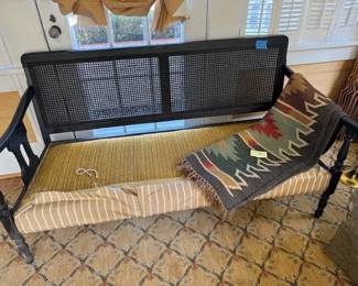 Turkish Vintage Rug,  Rare black antique bench, need cushion,  back recently re-caned.  Dimensions of bench/sofa = 63L x 30w