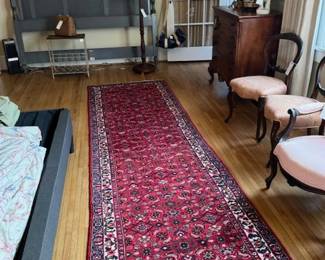 Frontgate french style headboard in back ground.  Not shown - Damask upholstered king headboard - custom made.  Beautiful oriental runner.  Several pairs of matching antique upholstered chairs.