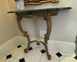 Antique, rare foyer table with green marble top and green and gold gilt painted base.