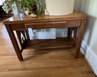 Shaker style Oak antique desk.  Newer barrel light fixture.