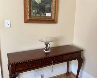 Hand carved sofa table,  Crystal Compote, Antique print in detailed Oak frame.