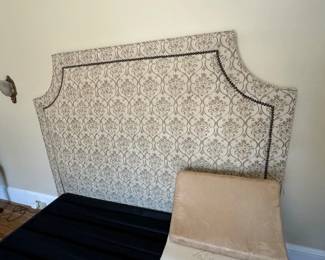 Custom made King headboard with damask fabric and brass tacks.