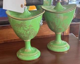 Chelsea house, Chinoiserie green urns - PLEASE NOTE THESE HAVE BEEN REMOVED FROM THE SALE, SORRY.