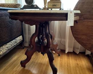 Nice antique marble top table (white) with walnut base - all original