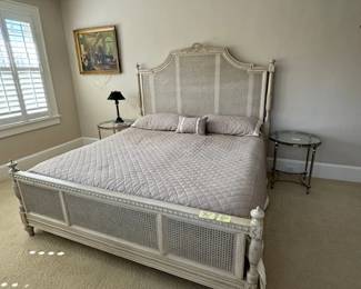 New Frontgate French style, cane back bed with rails and footboard.  King size sleep number bed with dual controls,  Pair of glass top vintage nickel side tables, Vintage black desk lamp,  Antique print.