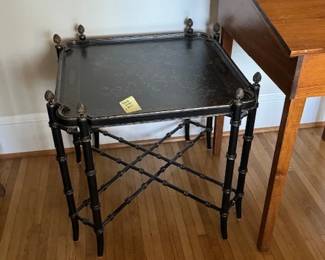 Exquisite large black end table with Chinoiserie design made of metal.  Very sturdy, very unusual.  27x27x25H