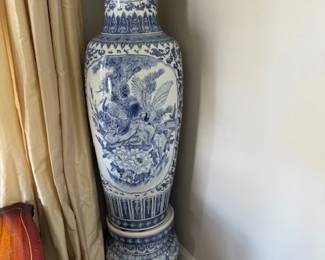 Very tall vintage blue and white urn with base.  No chips or cracks.