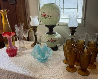 Gone With The Wind Parlor Lamp
Swung Vase
Fenton Blue Opal Three Horn Glass Epergne