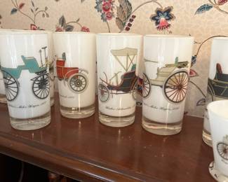 frosted white tumblers with antique cars