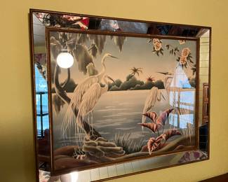 mirror framed aviary painting; art deco