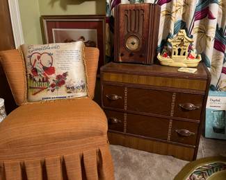 vintage side chair and chest with antique radio