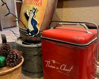 Vintage cooler, Hamm's Beer sign, bait bucket
