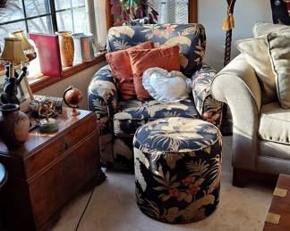 Casual Chair with Matching Ottoman; Tall Pole Lamp; Tan Sofa; Wood & Decorative Brass Trunk; and many, many pieces of home decor / decorative furnishings.