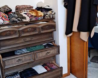 Mid Century Modern 5-Drawer Chest;  Collection of women's clothing including a large assortment of scarves, etc. 