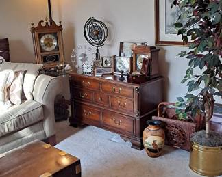 Two Lane Cedar Chests; Silk Ficus Tree in Brass Planter; Magazine/Newspaper Basket; Torchiere Tall Lamp; Assortment of Clocks and much more home decor and furnishings!
