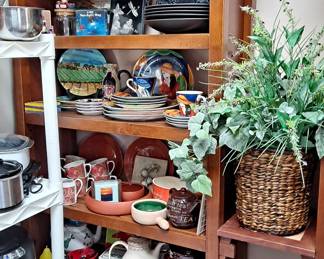 Wood Shelving; 5-Piece McCoy Cannister Set; 44 Piece Pfaltzgraff Brown Drip Dinnerware; Large Serving Ware pieces; Art Glass; Cobalt Blue Glass; Smaller Dining Sets; Artificial Plant in Large Basket; Tea Pots; Candle Sticks; and SO MUCH MORE!!