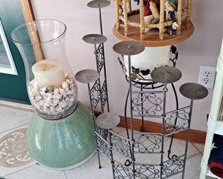 Metal Candolier / Stand; Plant Stand; Rare Vintage Disney Bamboo Hanging Cage with Pinnochio and Jiminy Cricket; Large Assortment of Pots; Glass with Shells & Candle.