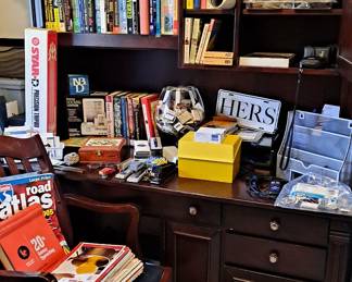 Office Supplies; Computer/Printer Supplies; Computer Speakers; Clock/Radio; Basket; Star D Tripod; quality made Desk with Hutch by Shenandoah Valley Furniture/Flexsteel; Leather & Wood Office Chair on Wheels.