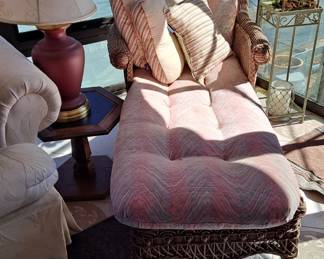 Planter Stands, Silk Ficus Tree,  Table Lamp and wonderful Wicker Chaise with Cushions and Pillows.