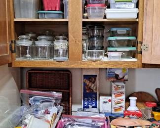 PACKED Kitchen Cupboards with food storage containers - glass & plastic; utensils; Terra Cotta Vegetable Baker; Chopper, and much, much more!