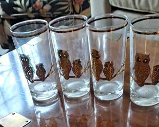 Set of 4 Mid Century Signed Culver Owl Glasses 22 Karat Gold