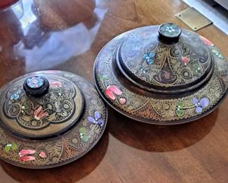 Pair of unique round hand painted metal boxes with copper linings and matching lids.
