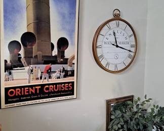 Large Framed Travel Poster; Oversized Pocketwatch Clock; Silk / Artificial Ficus Tree; Wall Mirror