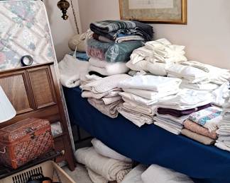 Large Equestrian Wall Print, Hanging Lamp; Basket of Belts; Large assortment of Queen sized bedding; Sheets; Afghans; Towels and so much more!!