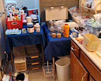 Bathroom filled with Personal Hygiene Supplies, Storage Cabinets, Waste Can and much, much more!