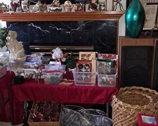 Large Wall Mirror; Assortment of Decorative Home Furnishings; Large Baskets; and Large Assortment of Vintage Christmas Decor & Ornaments.