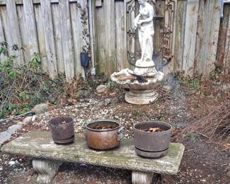 Cement Garden Bench; Cement Fountain; Plastic & Ceramic Pots