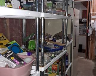 Basement Storage filled with Wheeled Shelving Units, Homes Goods & Supplies