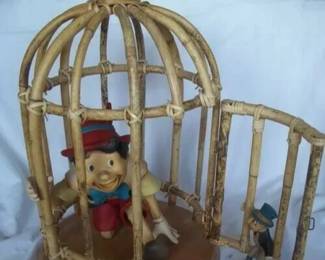 Rare Large Vintage Disney Bamboo Cage with Pinnochio & Jiminy Cricket Characters.