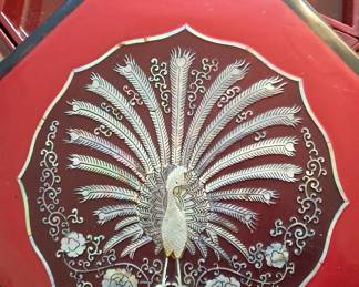 Beautiful Mother of Pearl Inlay Peacock Box with Red / Black Lacquer Trays