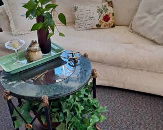 Vintage Marble, Glass & Brass Detailed Clock Table; Silk Plants; Off White Sofa and Decorative Furnishings. 